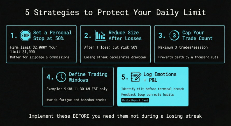 Infographic showing 5 strategies to stay within the daily loss limit: personal stop rule, dynamic sizing, max trades, time-blocking, and session journaling