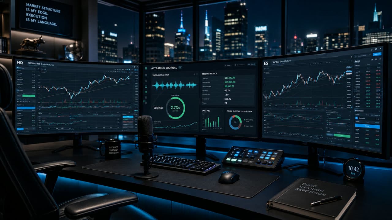 Professional futures trader's multi-monitor desk setup running QuantCyphr's AI trading journal ~ center monitor shows the voice-entry audio waveform and Daily Report Card metrics, NQ and ES futures charts on the side displays, microphone for voice journaling, against an institutional city skyline