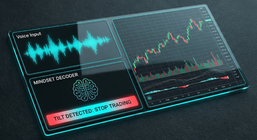 QuantCyphr voice trading journal interface showing daily report card with AI psychology analysis