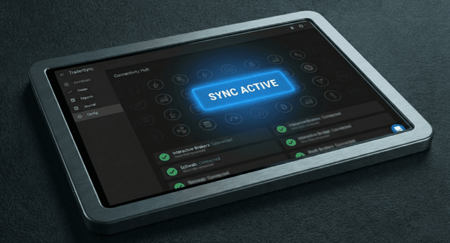 TraderSync trading journal dashboard showing broker integration options and trade analytics